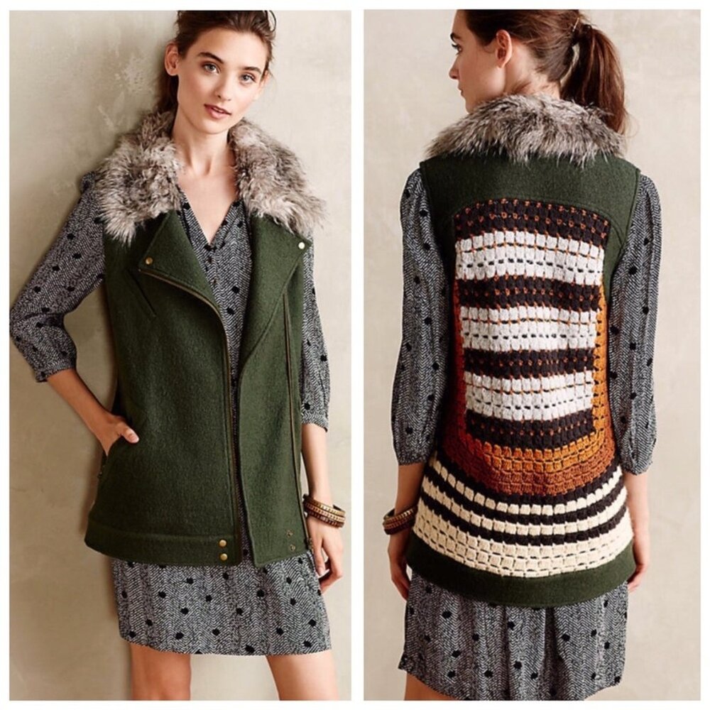 Anthropologie Elevenses Salt Creek Crochet Back Wool Blend Faux Fur Collar Vest